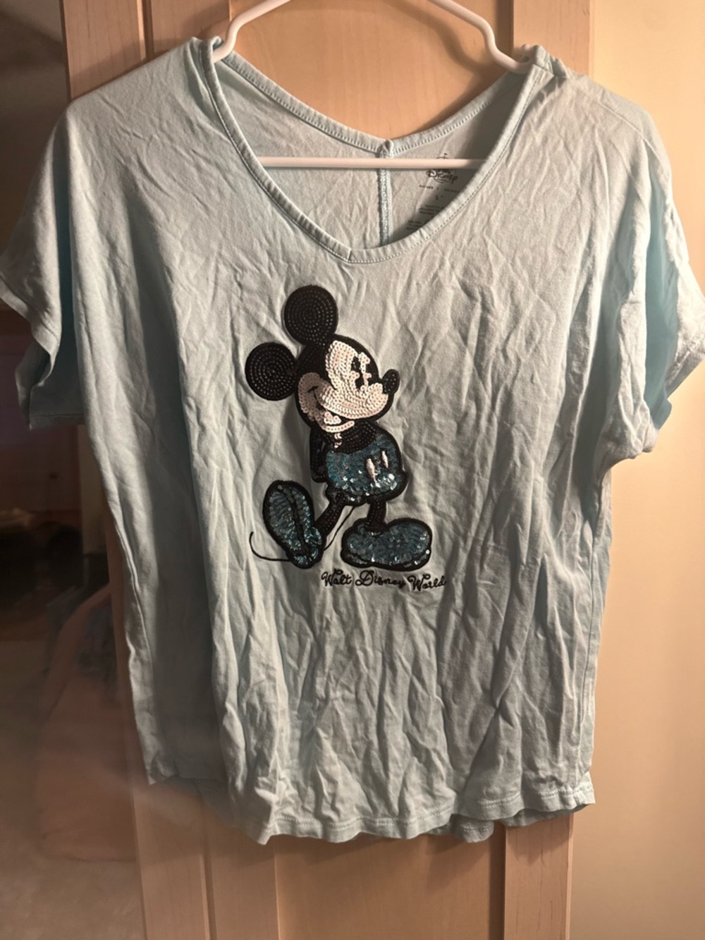 Disney Pale Blue V-Neck Tee with Subtle Logo Print